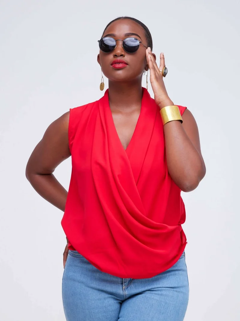 The Fashion Frenzy V-Neck Blouse - Red