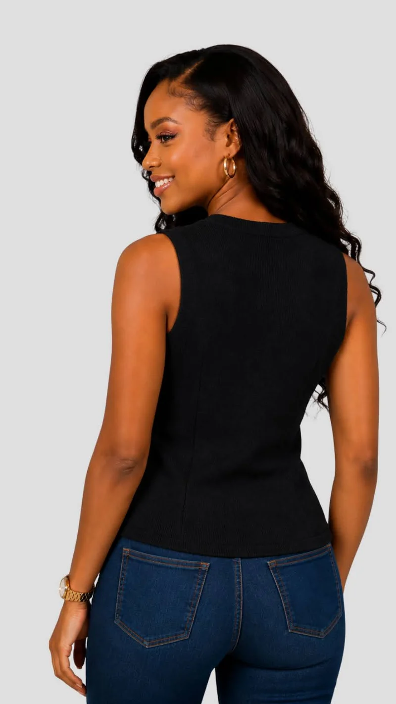The Fashion Frenzy Tailored Sleeveless Knit Vest Top - Black
