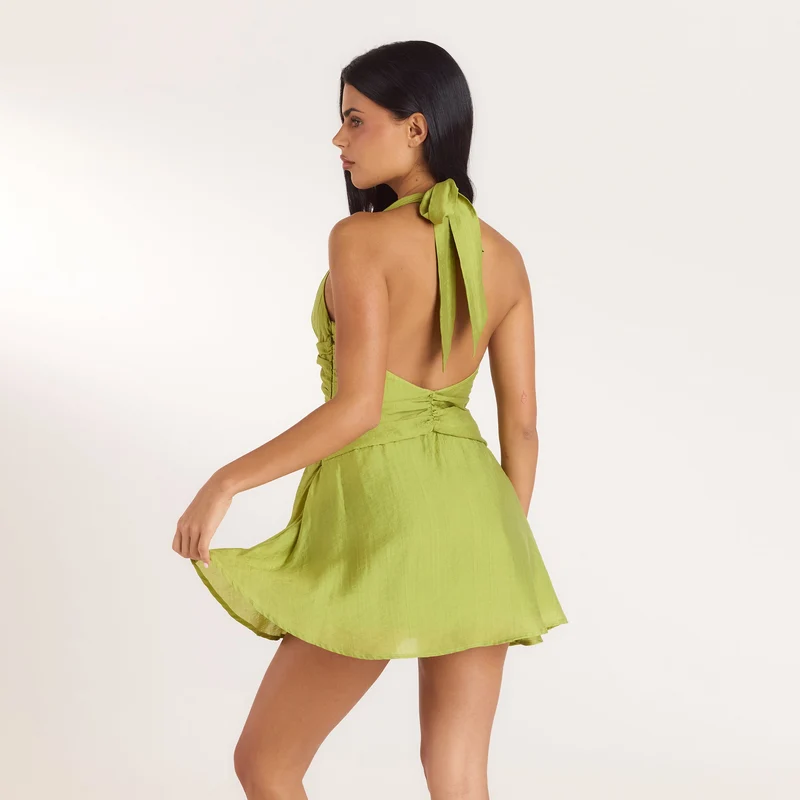 Gerüschtes Tencel Minikleid - Lindgrün