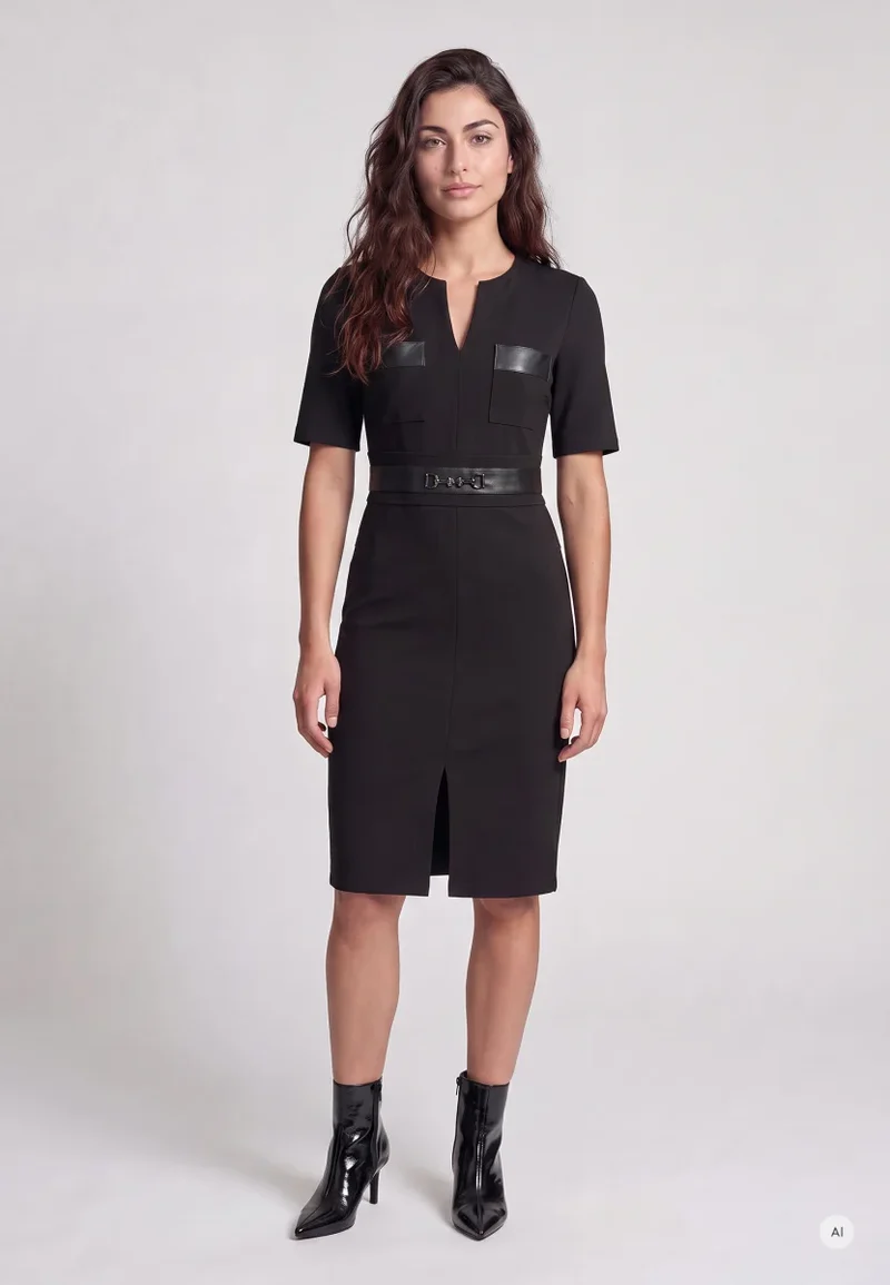 Robe midi ajustée à détails contrastants