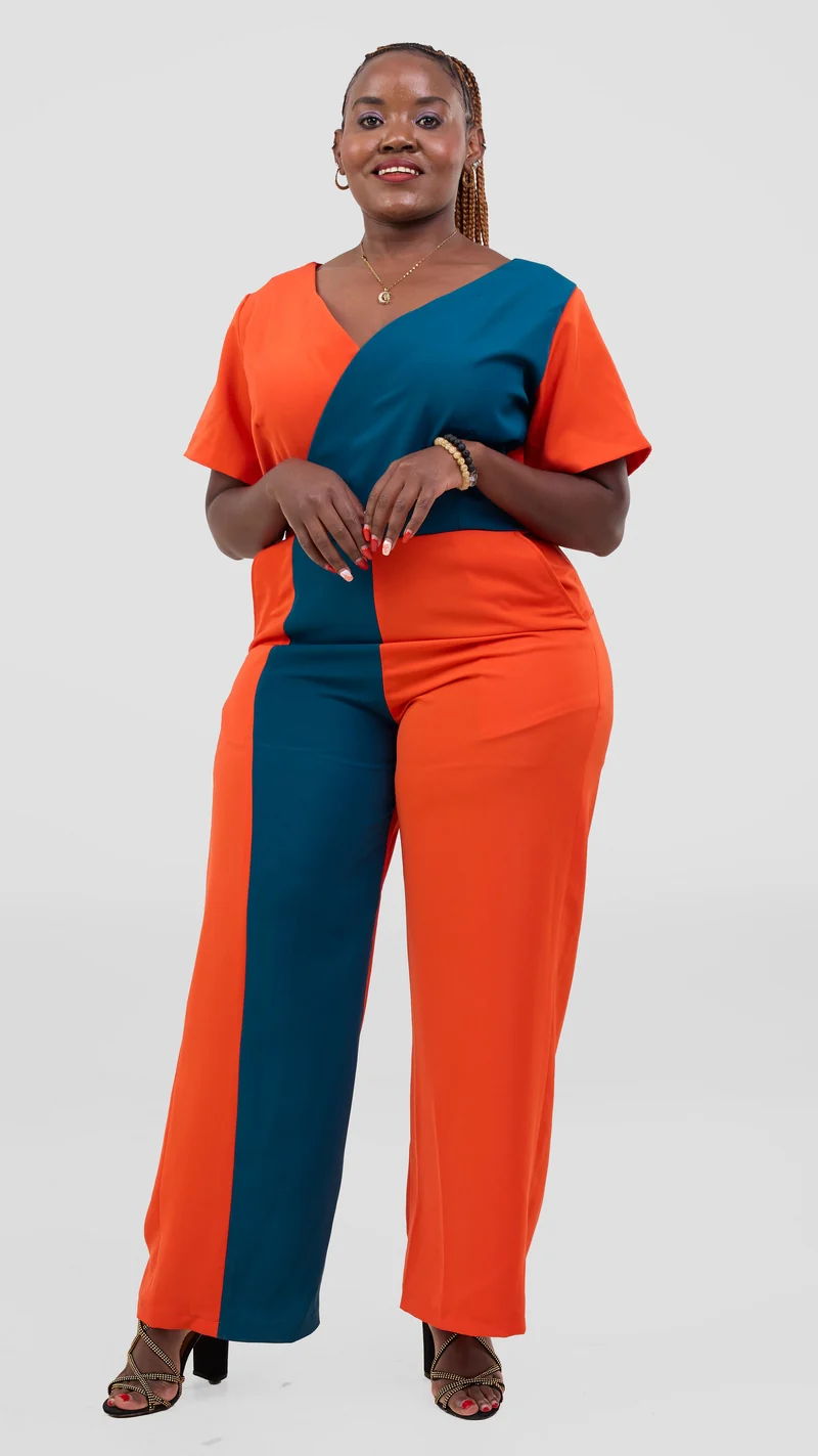 ZOSA Sunset Muse Jumpsuit ,bold orange and teal colorblock design.