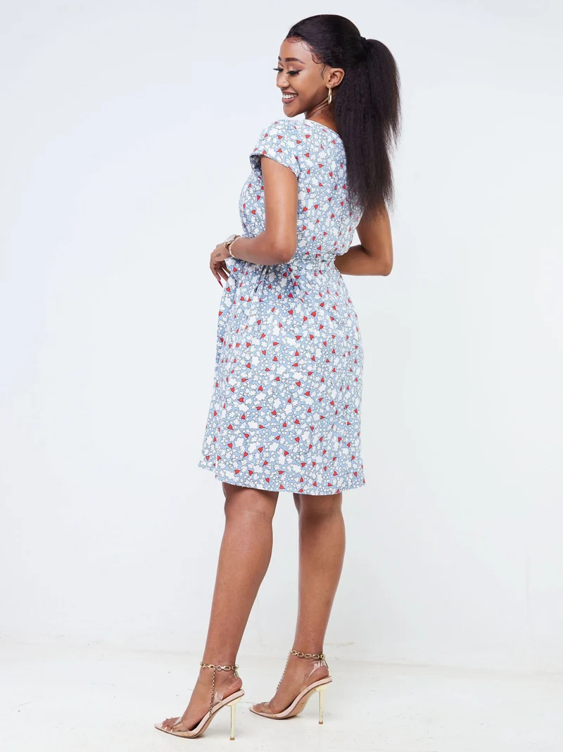 Vivo Basic Cap Sleeve Knee Length Tent Dress - Blue / Red Floral Print
