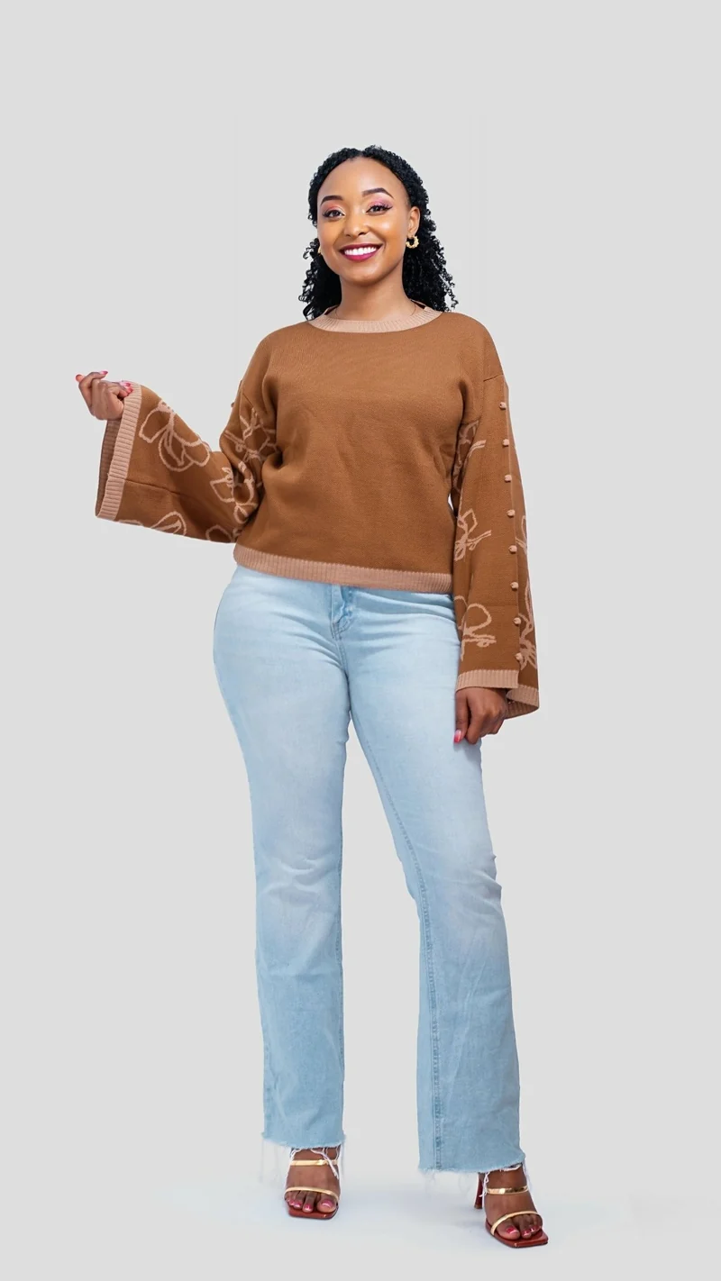The Fashion Frenzy Flared Sleeves Pullover Sweater - Brown