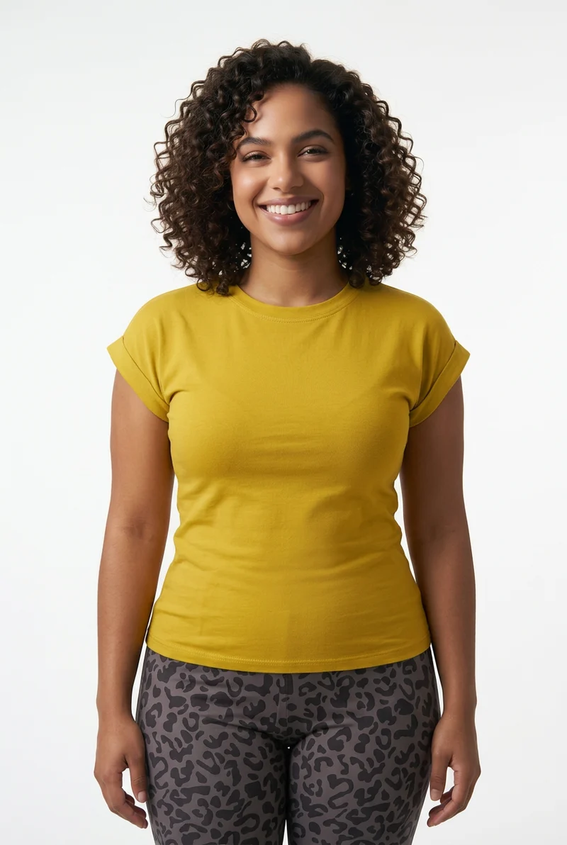 Stylish Sisters Casual Roll-Sleeve Crewneck Cotton T-Shirt - Mustard Yellow
