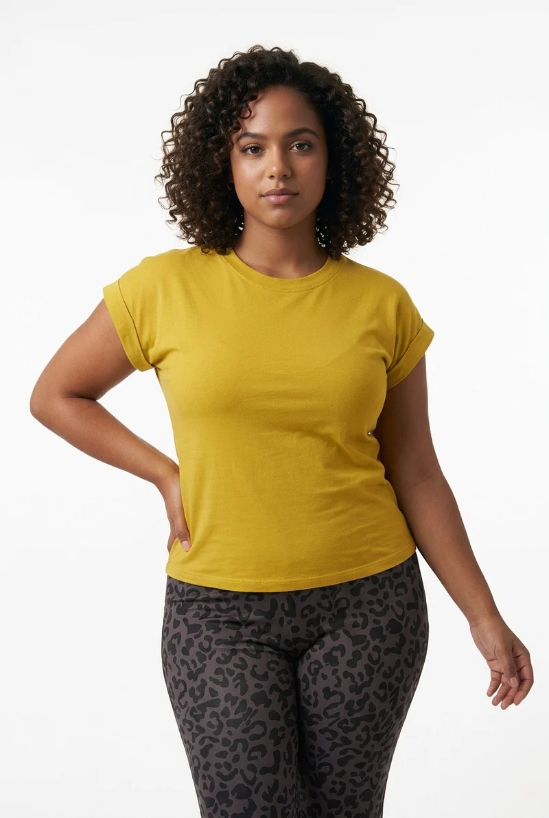 Stylish Sisters Casual Roll-Sleeve Crewneck Cotton T-Shirt - Mustard Yellow