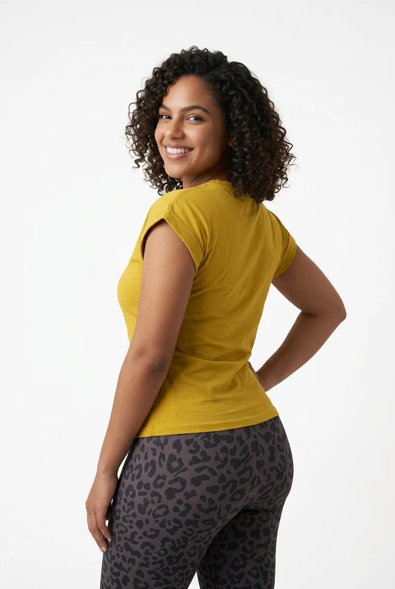 Stylish Sisters Casual Roll-Sleeve Crewneck Cotton T-Shirt - Mustard Yellow