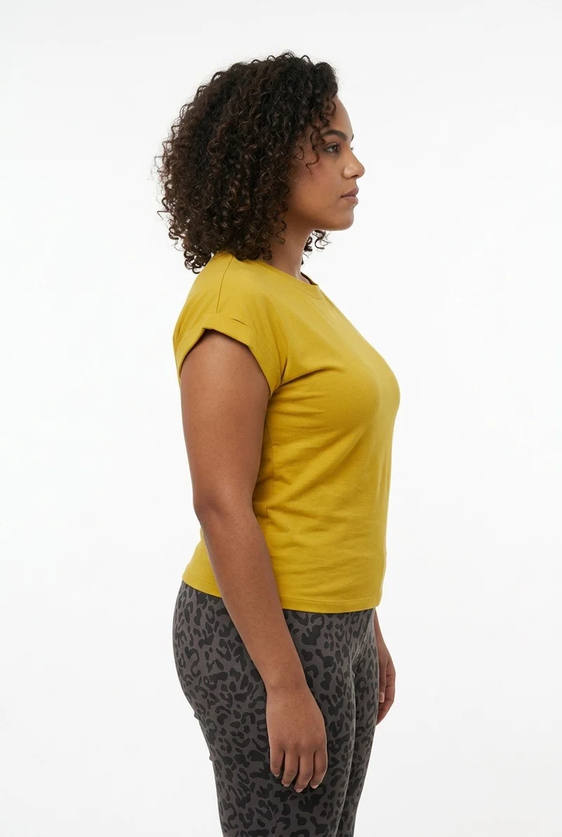 Stylish Sisters Casual Roll-Sleeve Crewneck Cotton T-Shirt - Mustard Yellow