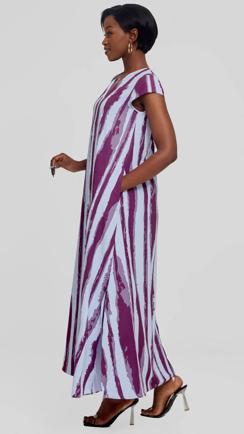 Vivo Kani Cap Sleeve Maxi Dress in Textured Crepe - Light Blue / Mulberry Tamasha Print