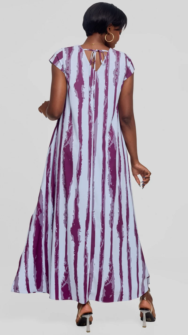 Vivo Kani Cap Sleeve Maxi Dress in Textured Crepe - Light Blue / Mulberry Tamasha Print