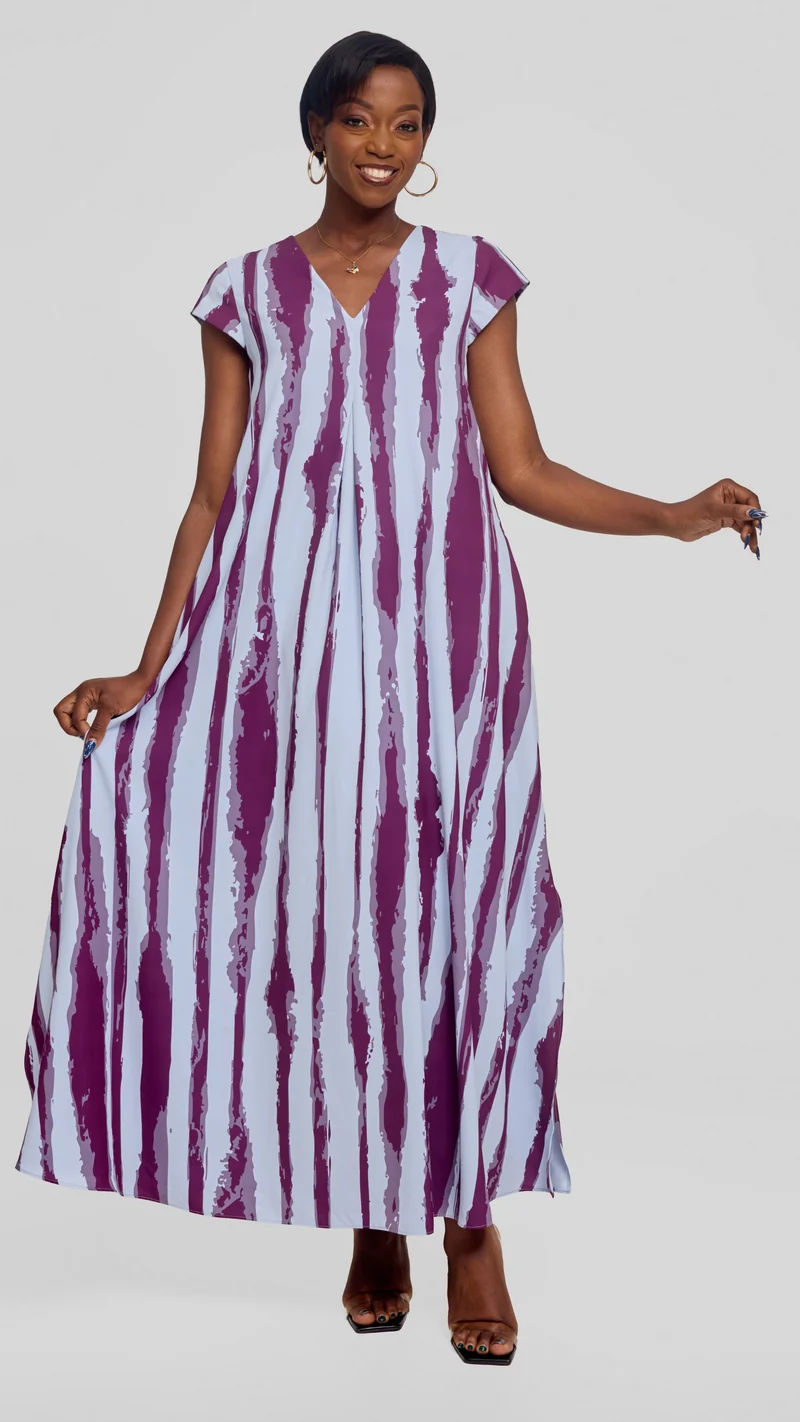 Vivo Kani Cap Sleeve Maxi Dress in Textured Crepe - Light Blue / Mulberry Tamasha Print