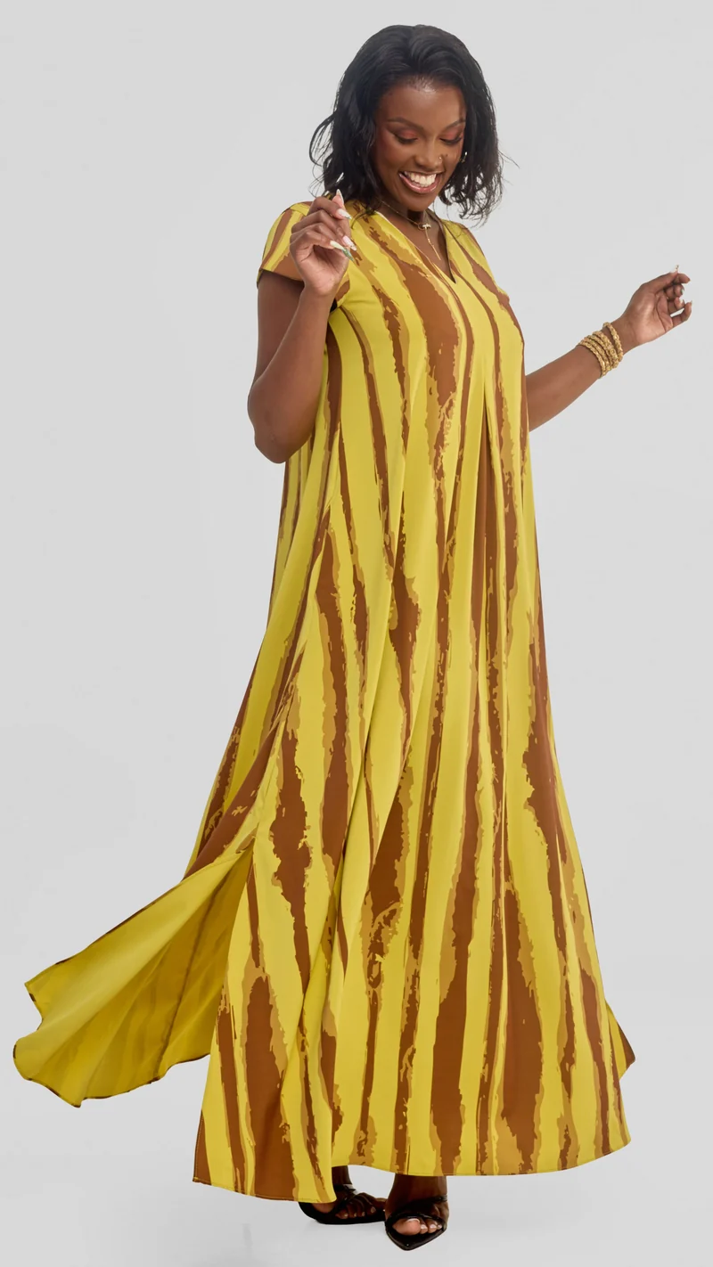 Vivo Kani Cap Sleeve Maxi Dress in Textured Crepe - Olive / Brown Tamasha Print