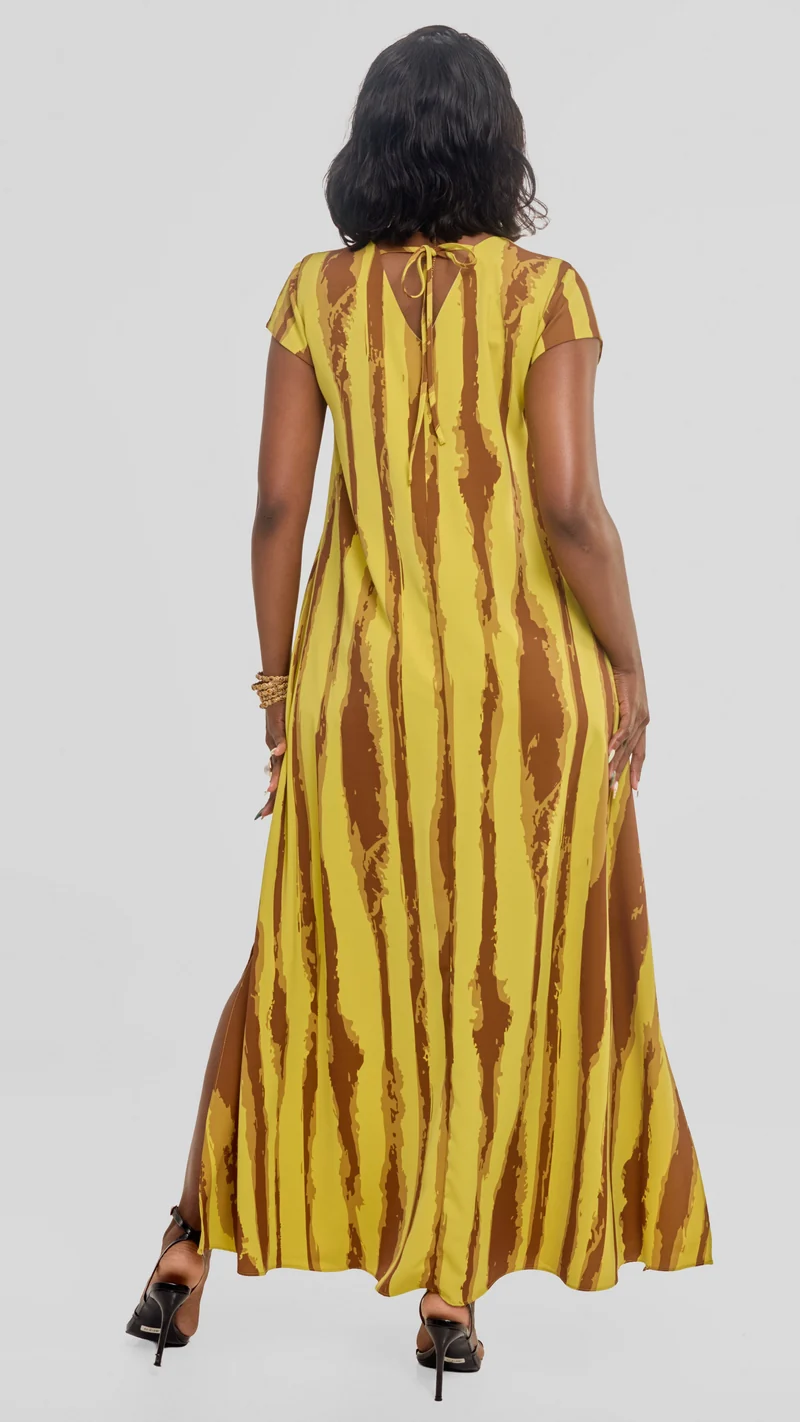 Vivo Kani Cap Sleeve Maxi Dress in Textured Crepe - Olive / Brown Tamasha Print