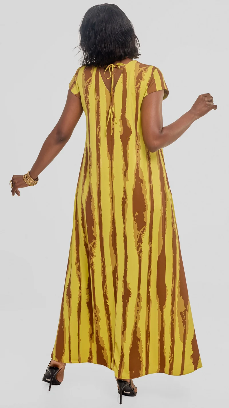 Vivo Kani Cap Sleeve Maxi Dress in Textured Crepe - Olive / Brown Tamasha Print