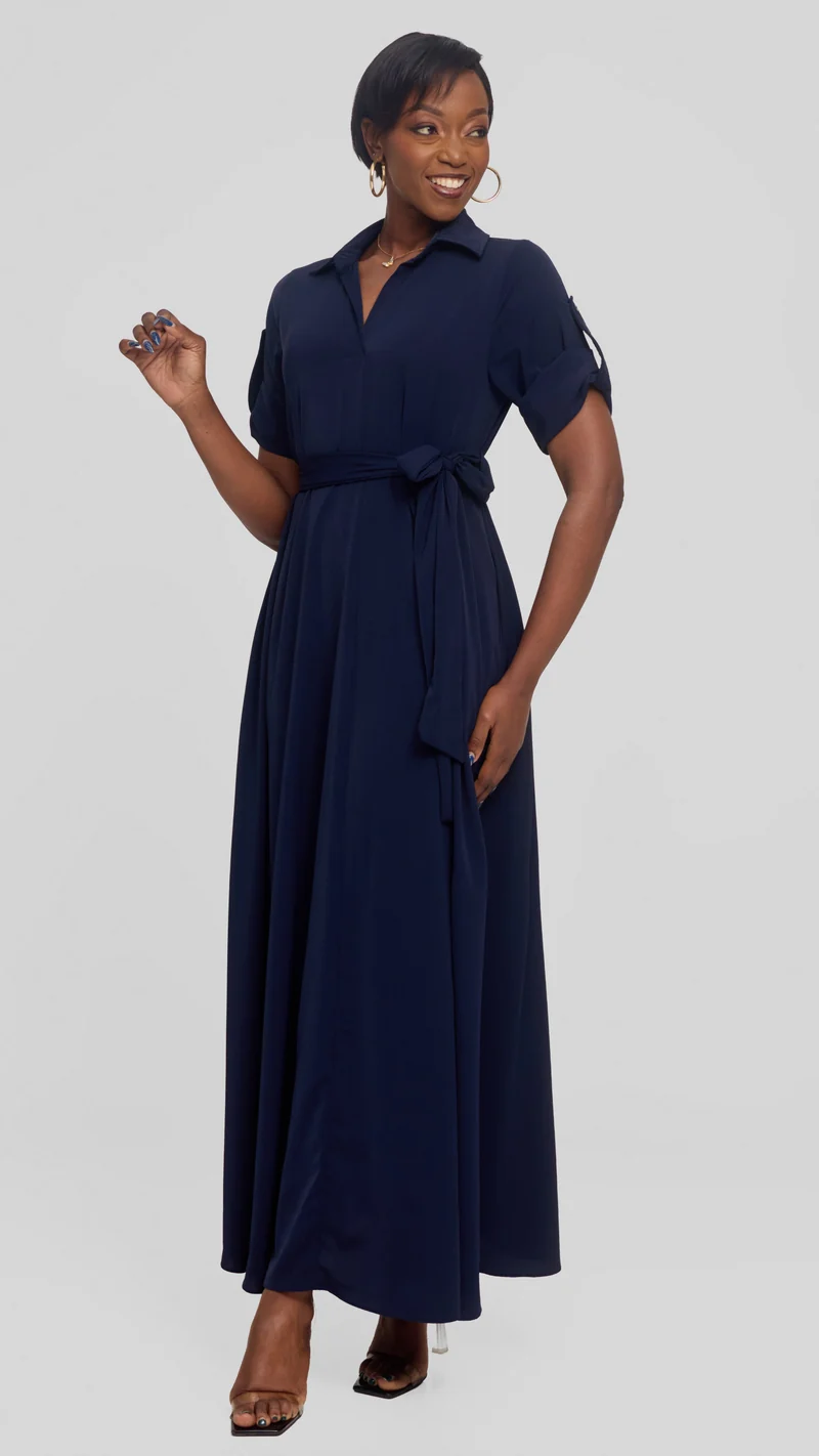Vivo Yumi Maxi Shirt Dress in Crepe - Navy Blue