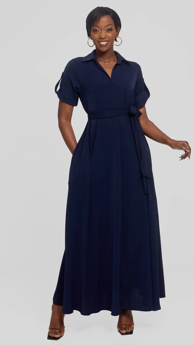 Vivo Yumi Maxi Shirt Dress in Crepe - Navy Blue