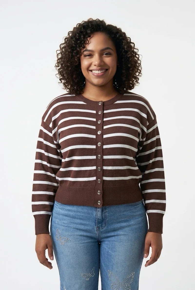 Stylish Sisters Women’s Crew Neck Striped Button-Front Knit Cardigan Sweater - Brown & White