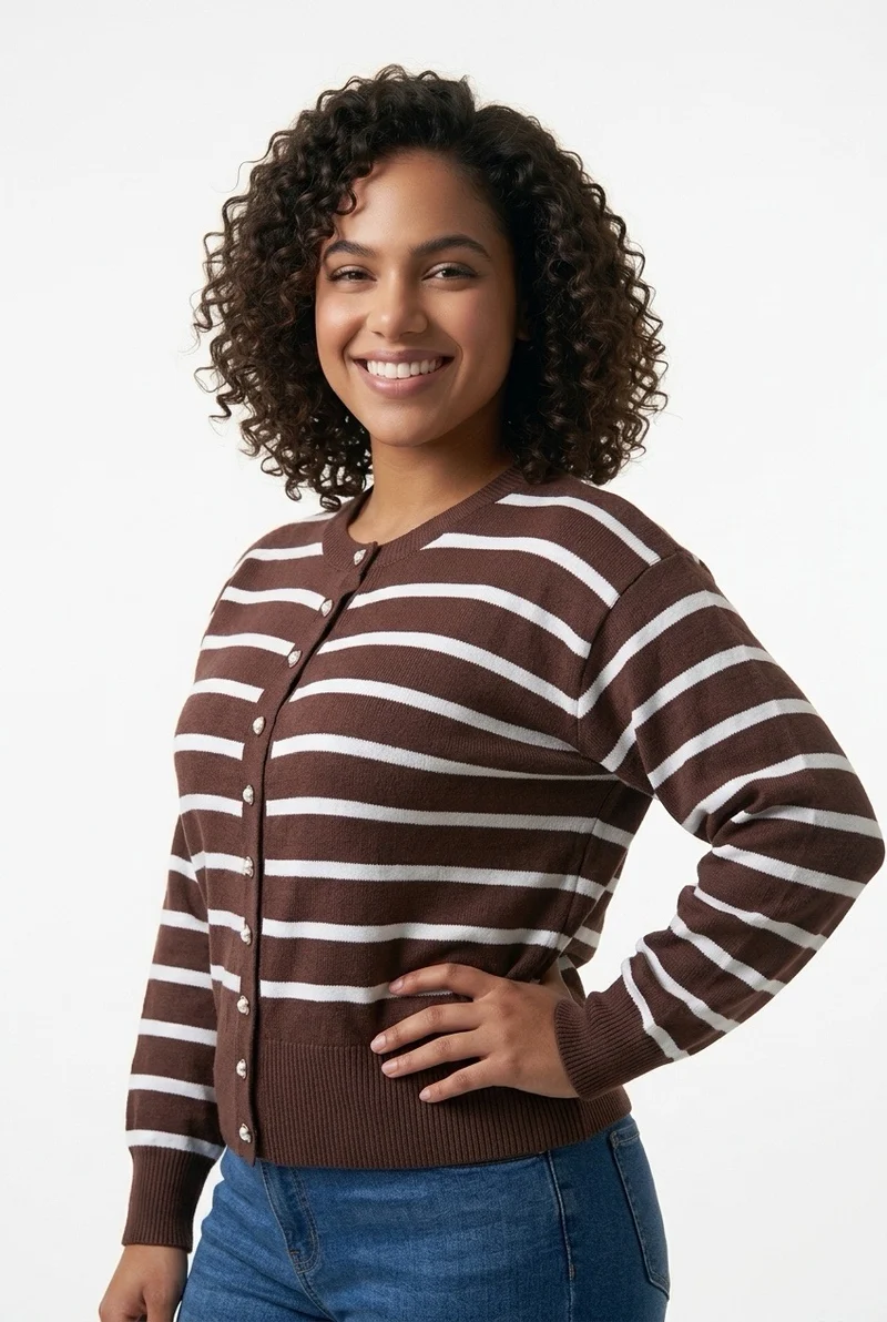 Stylish Sisters Women’s Crew Neck Striped Button-Front Knit Cardigan Sweater - Brown & White