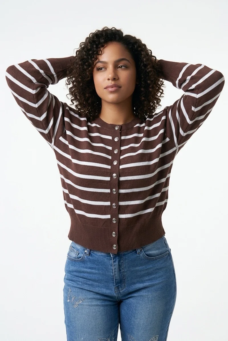 Stylish Sisters Women’s Crew Neck Striped Button-Front Knit Cardigan Sweater - Brown & White