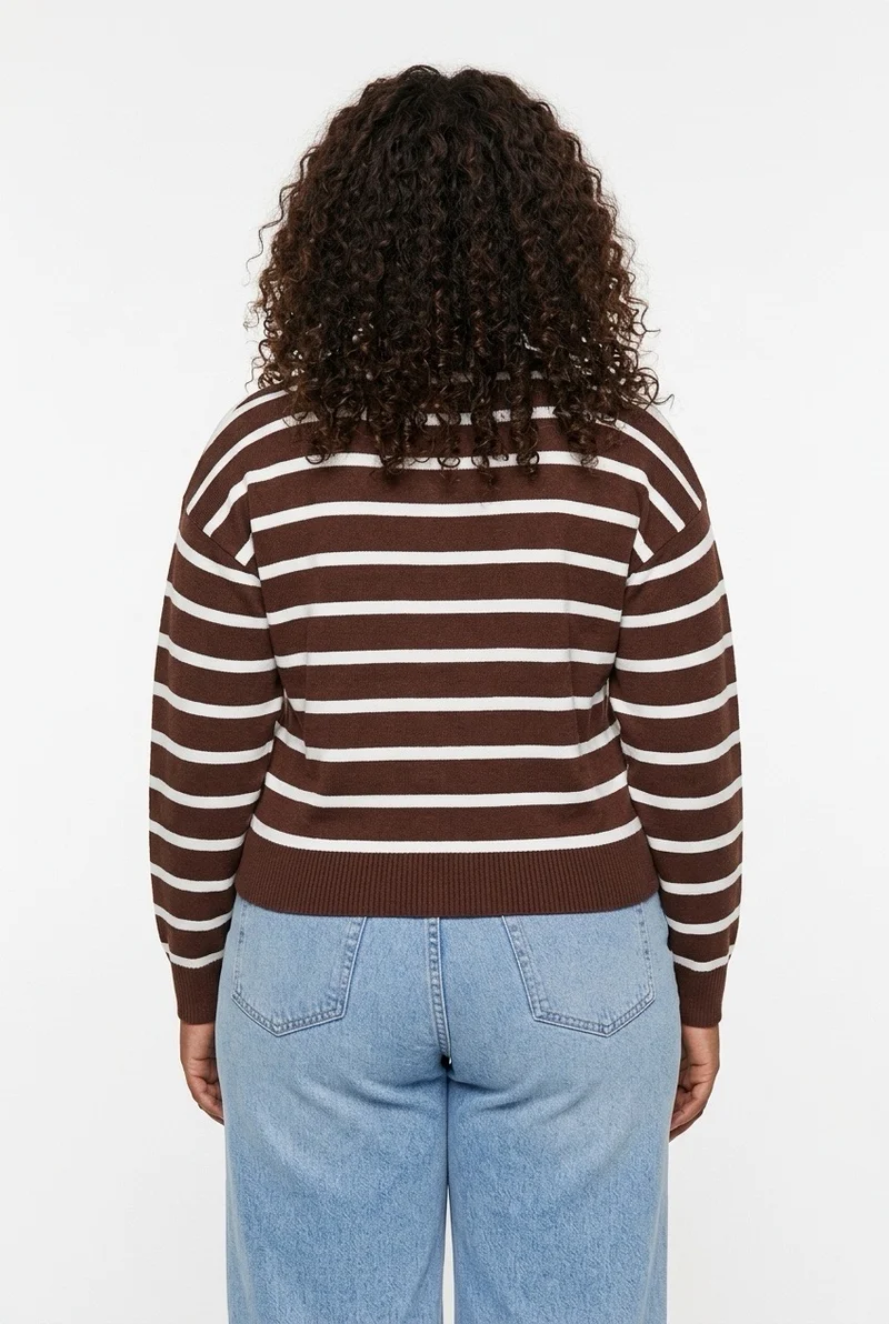Stylish Sisters Women’s Crew Neck Striped Button-Front Knit Cardigan Sweater - Brown & White
