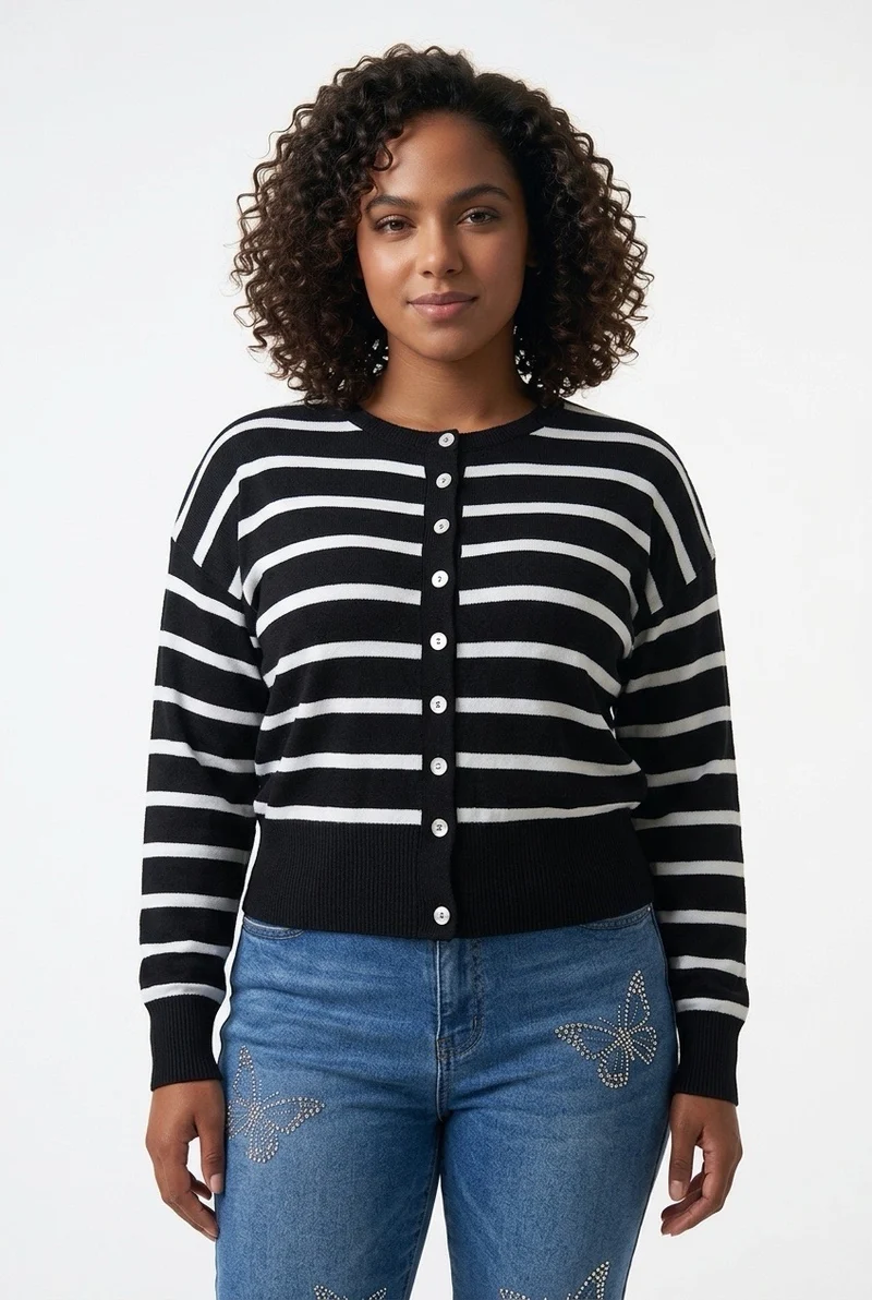 Stylish Sisters Women’s Crew Neck Striped Button-Front Knit Cardigan Sweater - Black & White