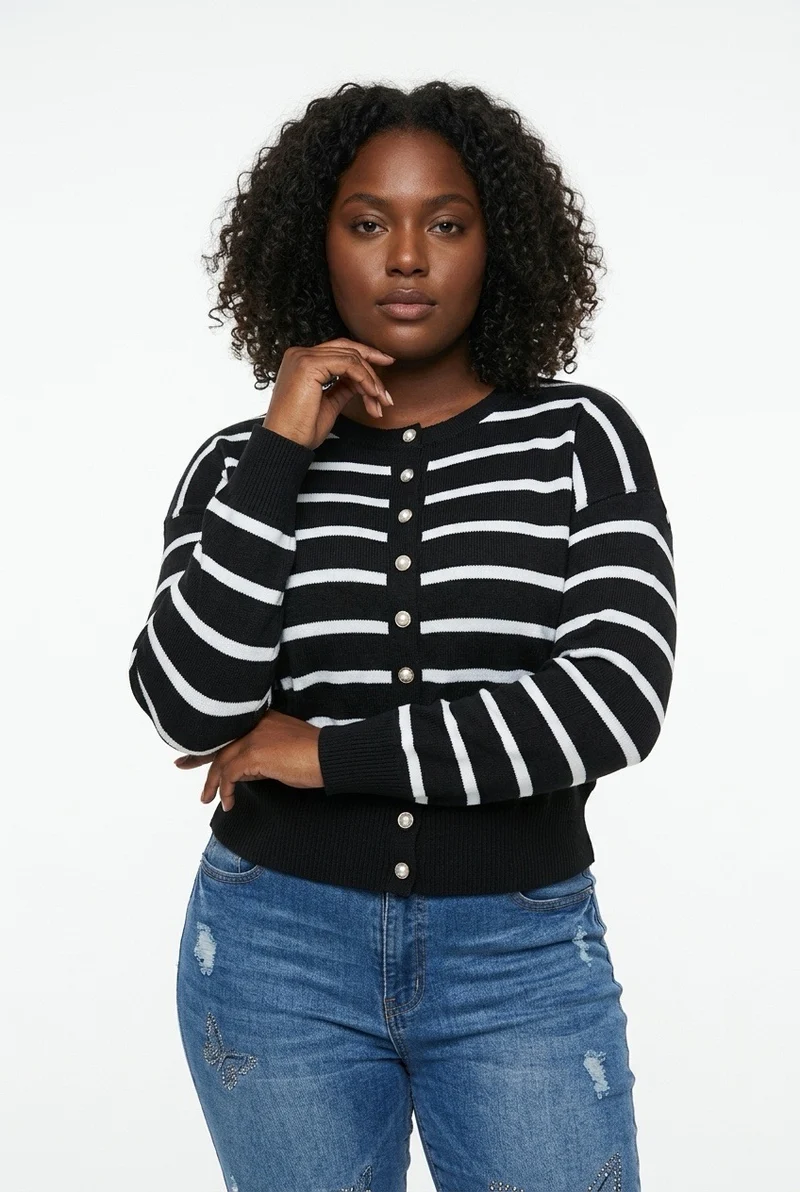 Stylish Sisters Women’s Crew Neck Striped Button-Front Knit Cardigan Sweater - Black & White