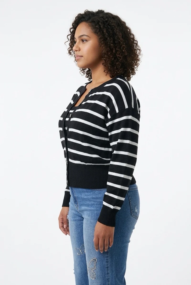 Stylish Sisters Women’s Crew Neck Striped Button-Front Knit Cardigan Sweater - Black & White