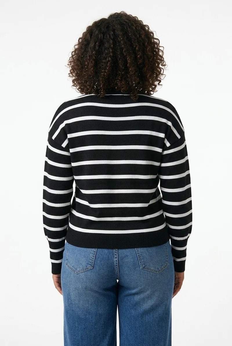 Stylish Sisters Women’s Crew Neck Striped Button-Front Knit Cardigan Sweater - Black & White