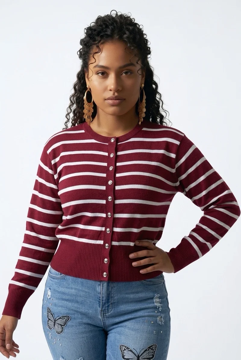 Stylish Sisters Women’s Crew Neck Striped Button-Front Knit Cardigan Sweater - Maroon & White