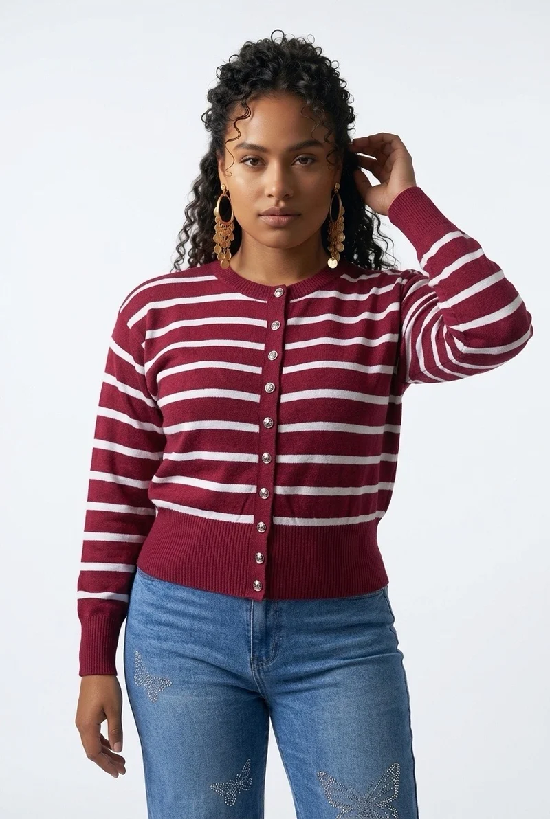Stylish Sisters Women’s Crew Neck Striped Button-Front Knit Cardigan Sweater - Maroon & White