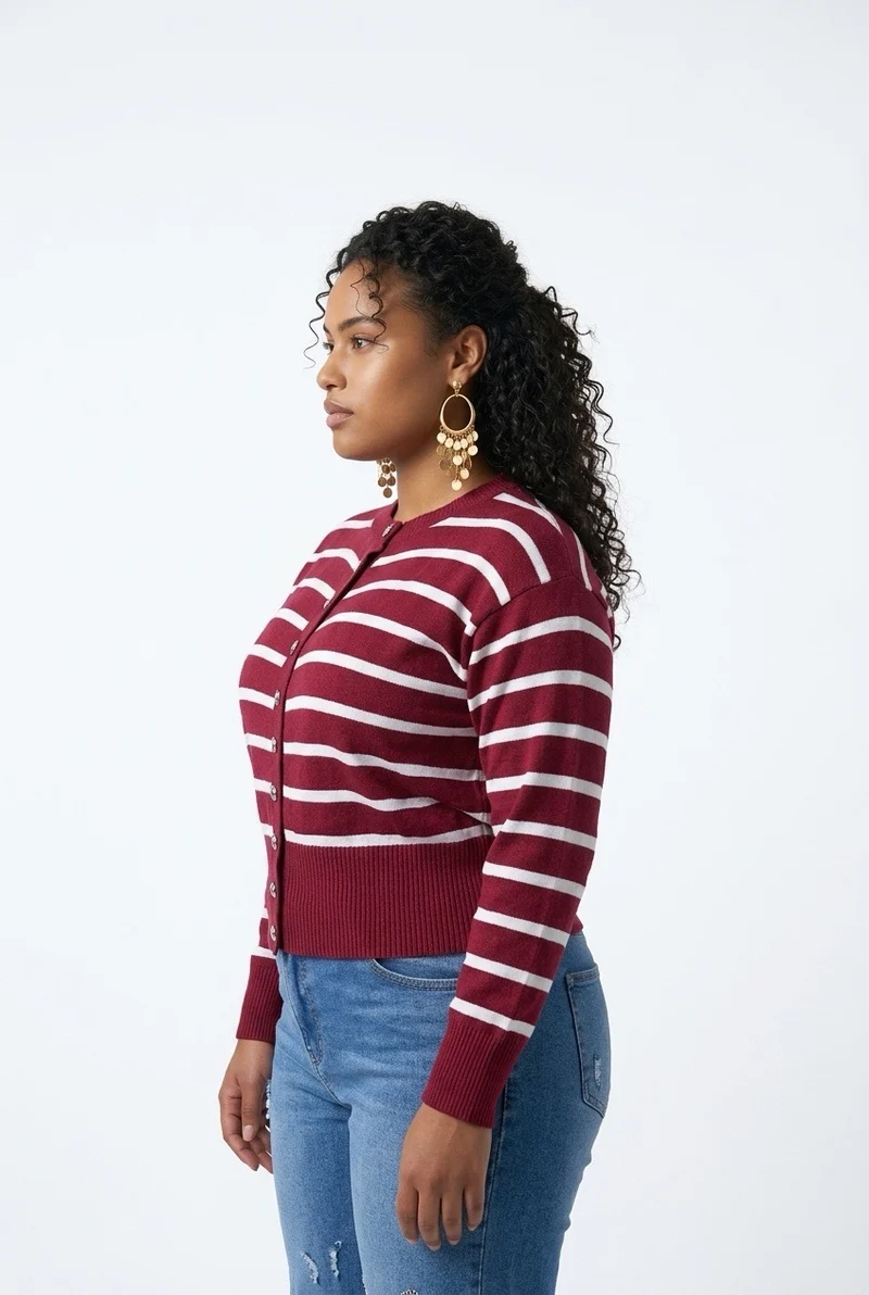 Stylish Sisters Women’s Crew Neck Striped Button-Front Knit Cardigan Sweater - Maroon & White