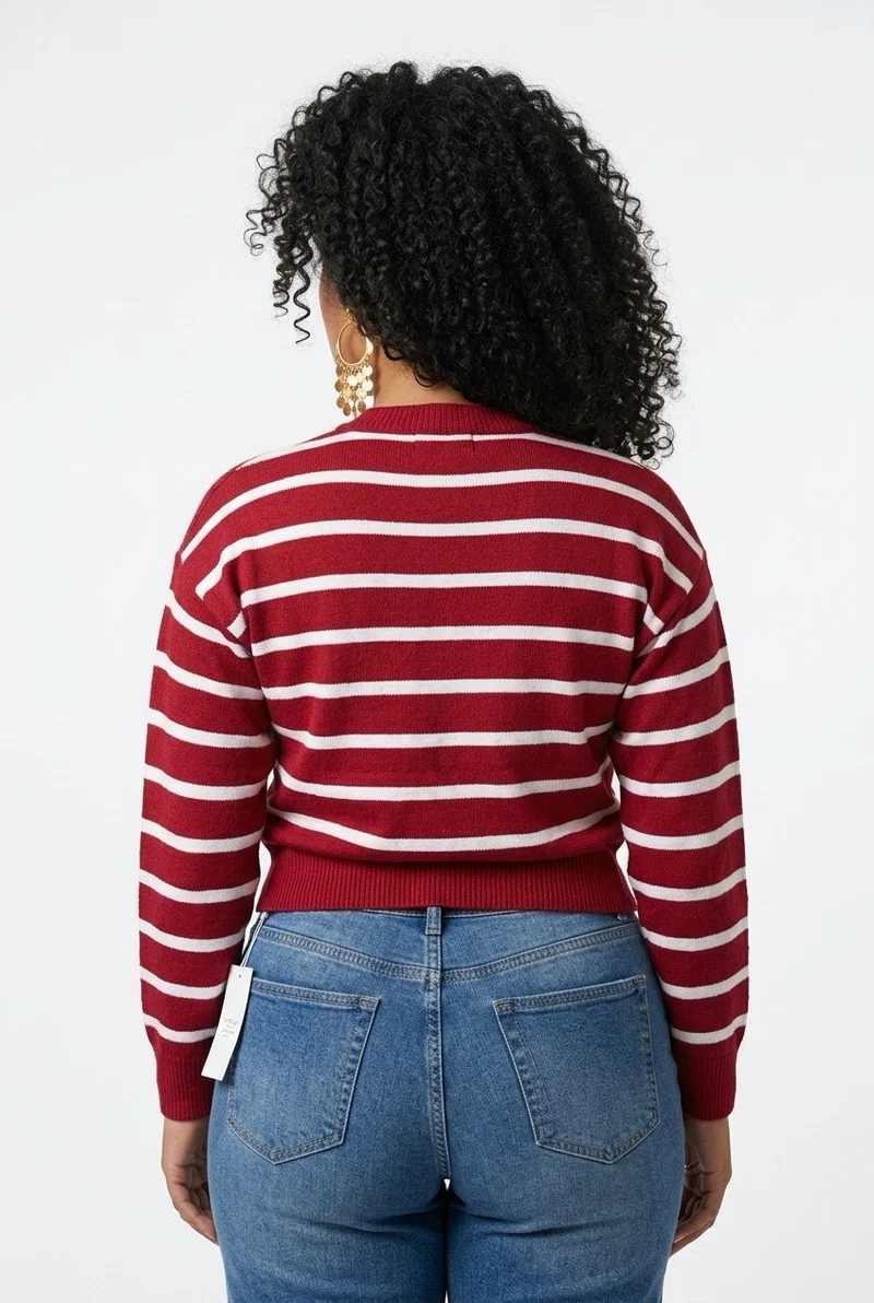 Stylish Sisters Women’s Crew Neck Striped Button-Front Knit Cardigan Sweater - Maroon & White