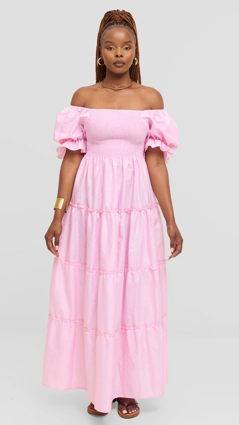 Safari by Vivo Shirred Top Maxi Dress in Kikoy Blend - Pink