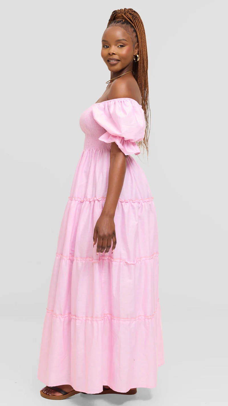 Safari by Vivo Shirred Top Maxi Dress in Kikoy Blend - Pink