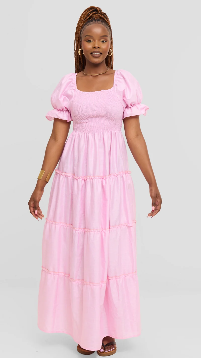 Safari by Vivo Shirred Top Maxi Dress in Kikoy Blend - Pink