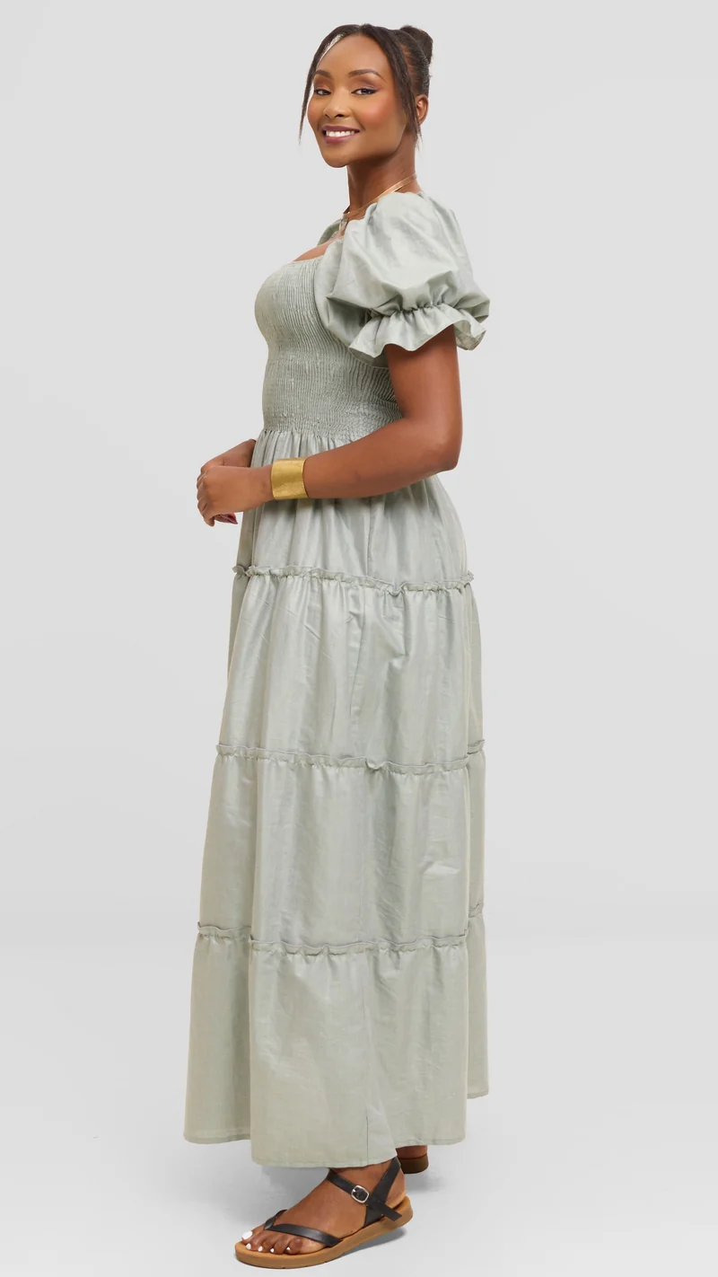 Safari by Vivo Shirred Top Maxi Dress in Kikoy Blend - Dusty Green