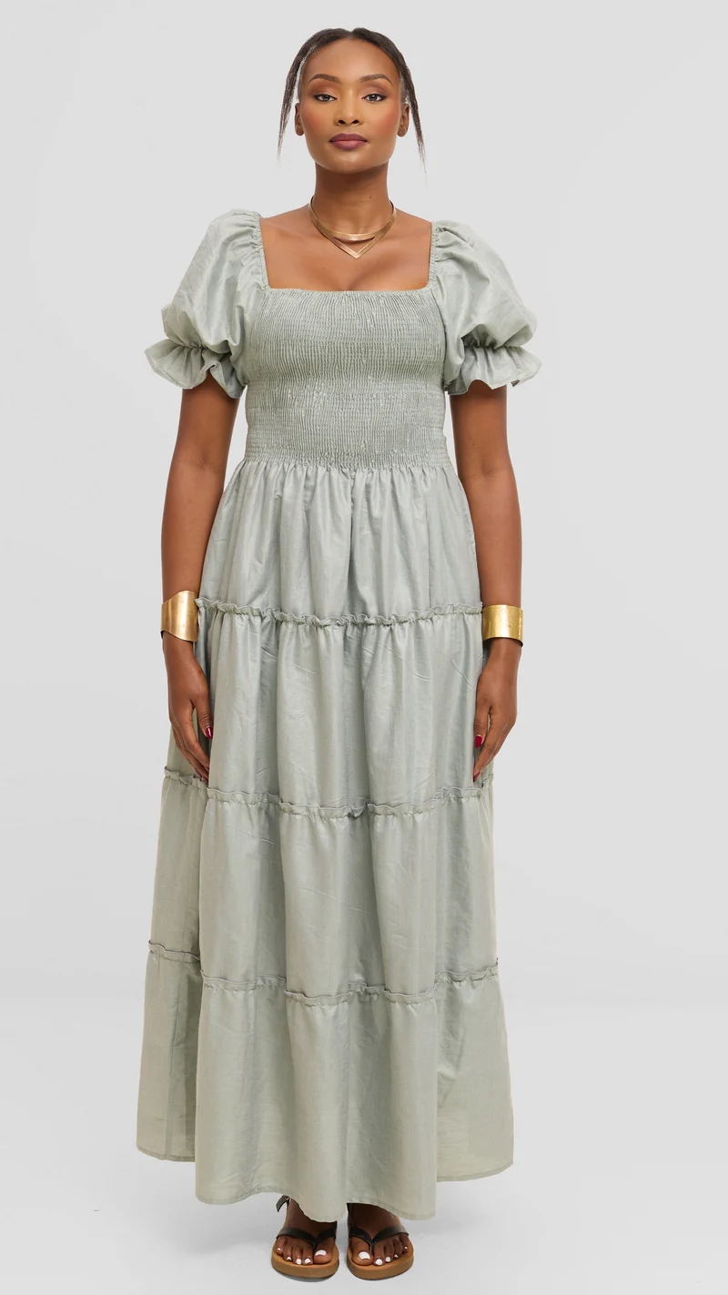 Safari by Vivo Shirred Top Maxi Dress in Kikoy Blend - Dusty Green