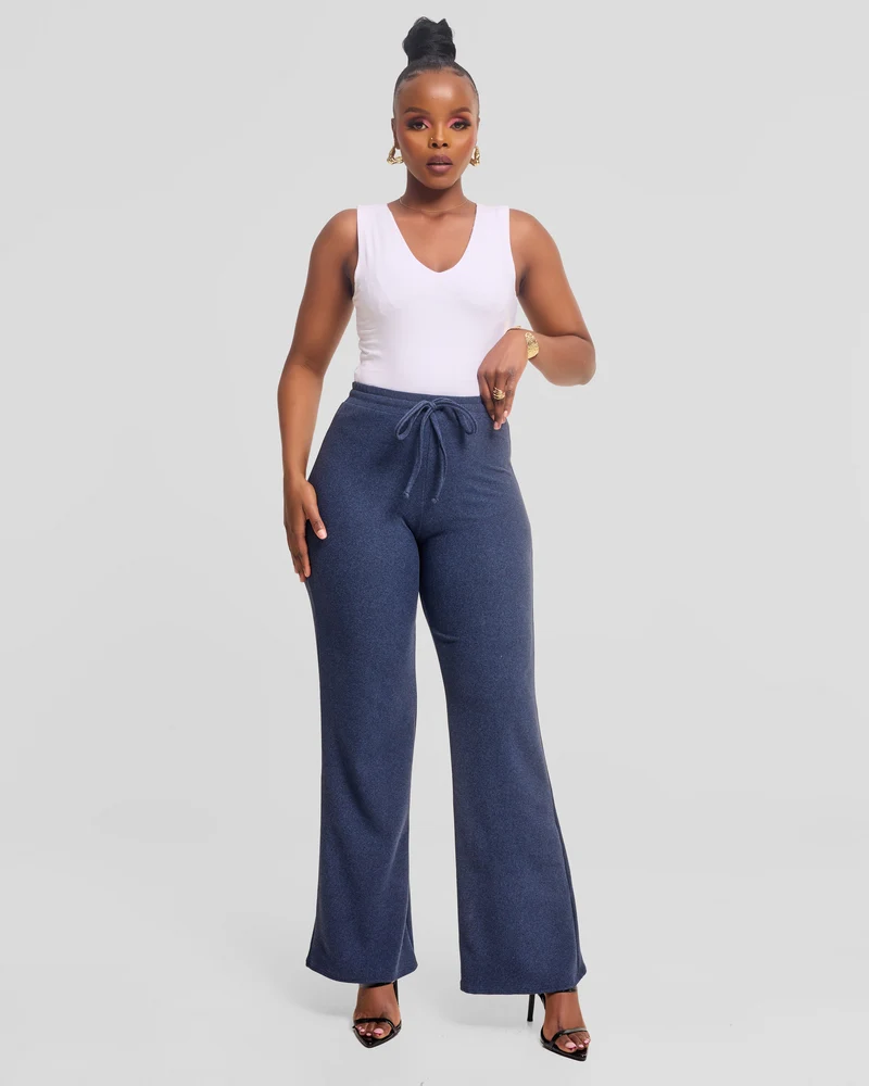 Vivo Selah Straight Pants in Rib Sweater - Denim Blue