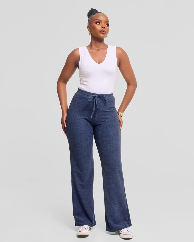 Vivo Selah Straight Pants in Rib Sweater - Denim Blue