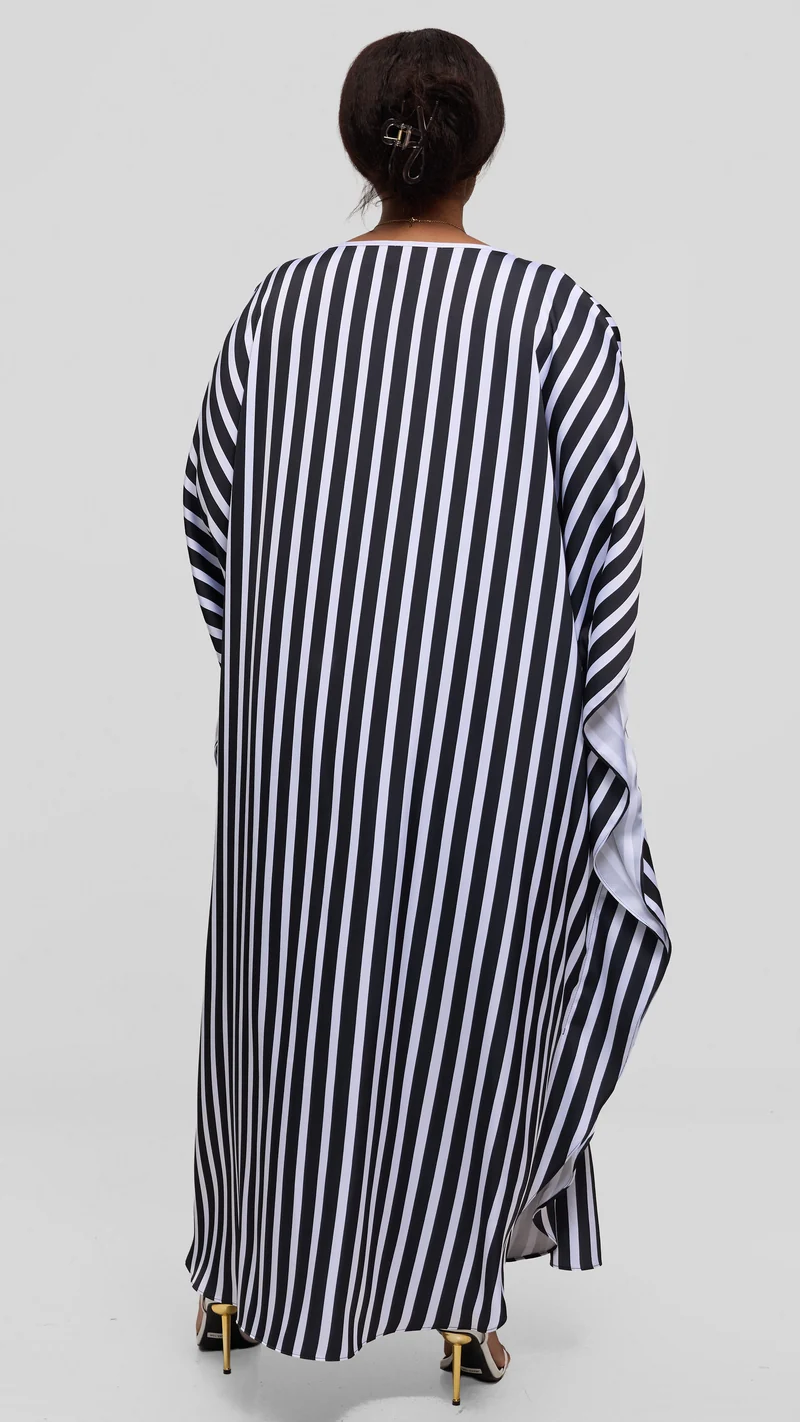 Vivo Amai Round Neck Maxi Kaftan in Satin - White / Black Stripes