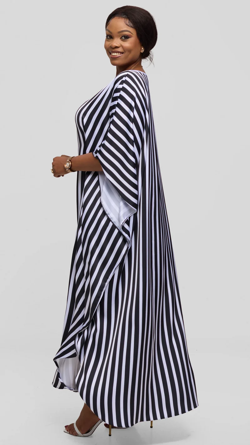 Vivo Amai Round Neck Maxi Kaftan in Satin - White / Black Stripes