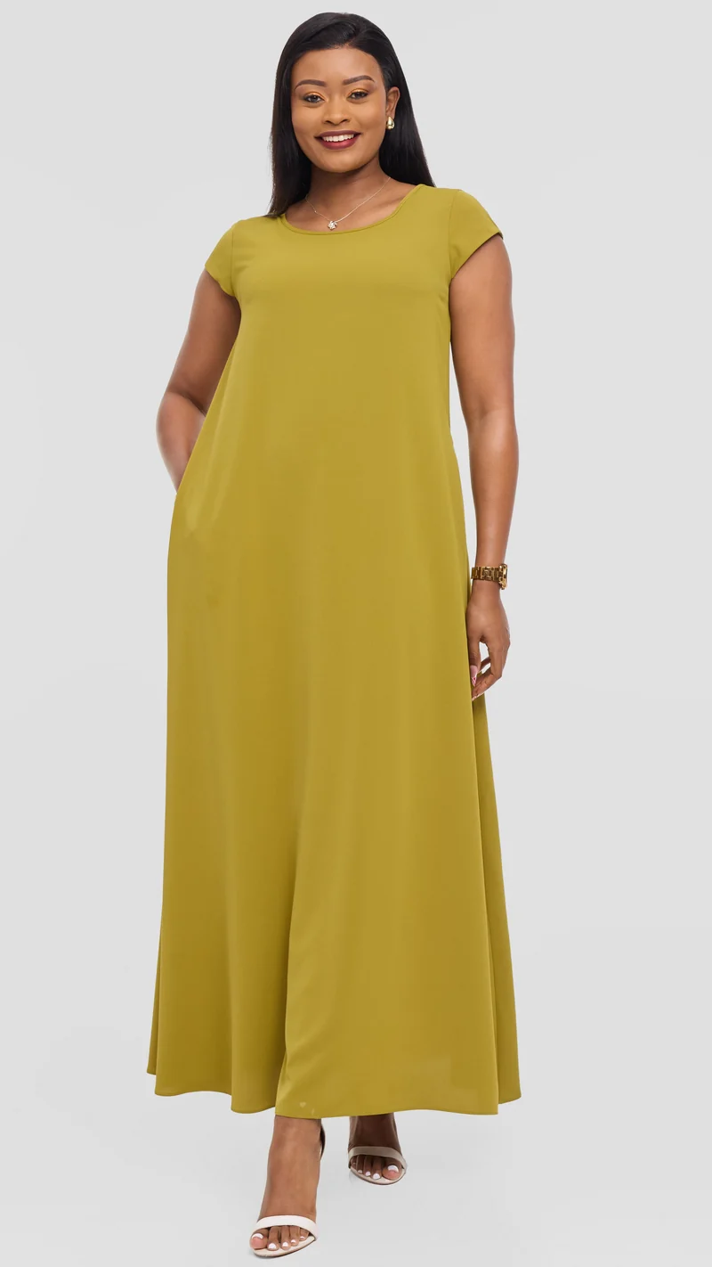 Vivo Basic Round Neck Maxi Dress in Crepe - Olive