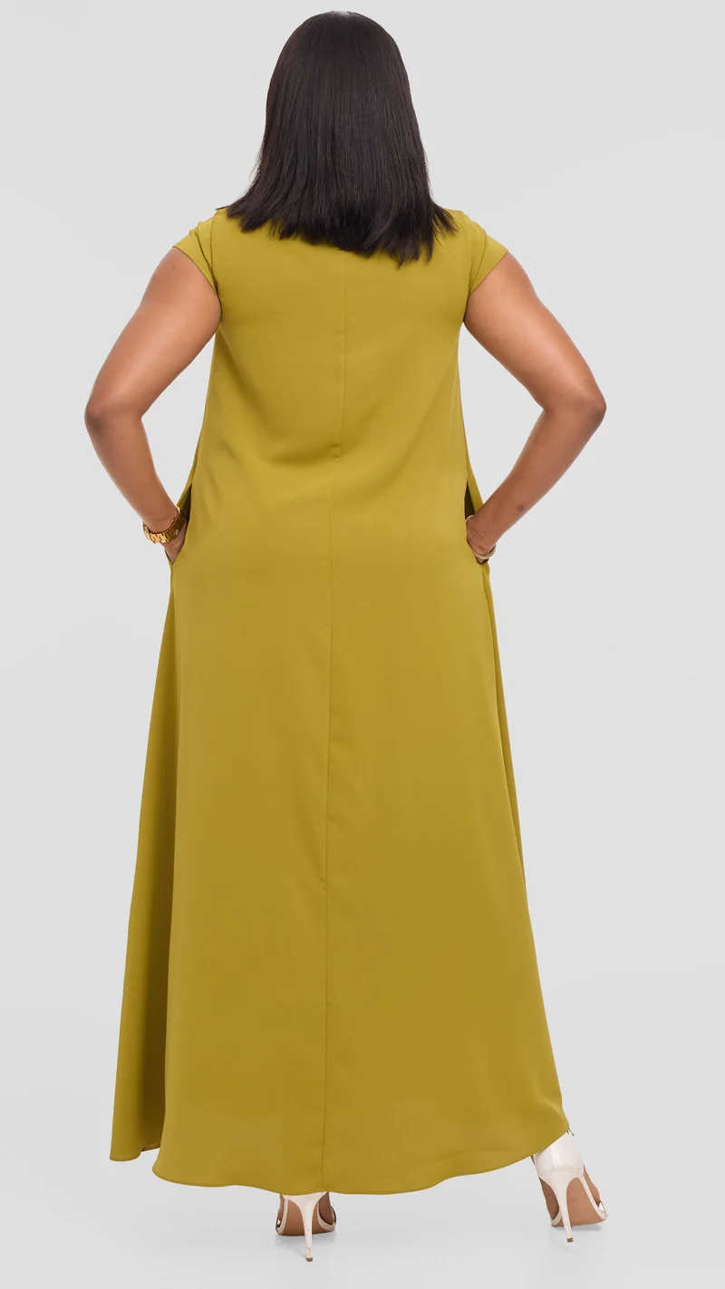 Vivo Basic Round Neck Maxi Dress in Crepe - Olive