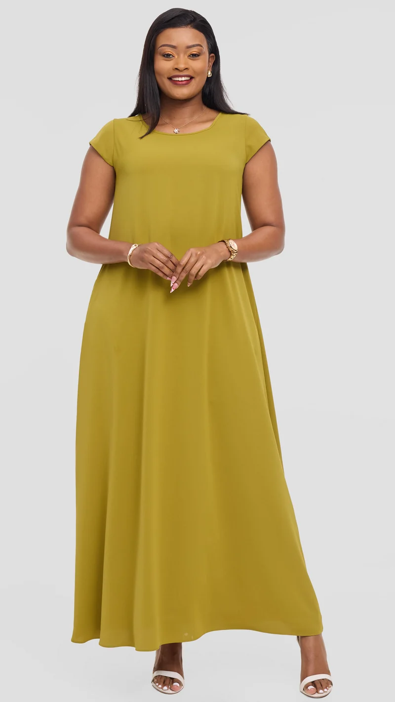 Vivo Basic Round Neck Maxi Dress in Crepe - Olive