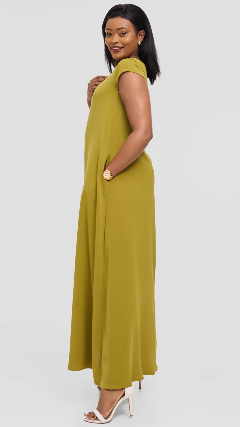 Vivo Basic Round Neck Maxi Dress in Crepe - Olive