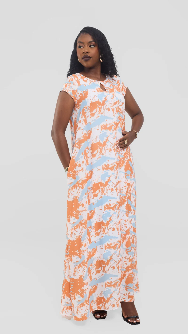 Vivo Sierra Maxi Dress in Chiffon - White / Orange Essia Print