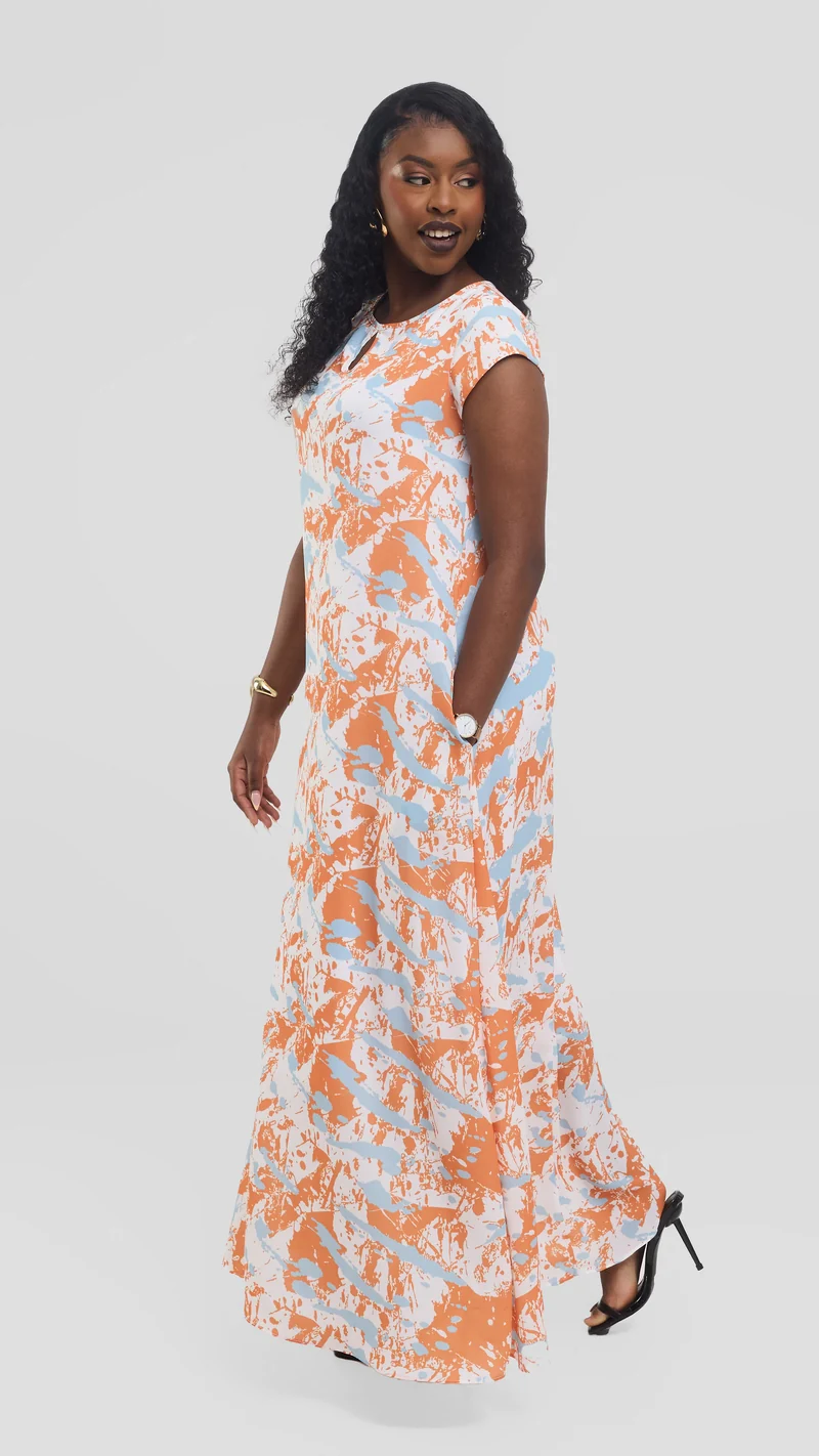 Vivo Sierra Maxi Dress in Chiffon - White / Orange Essia Print