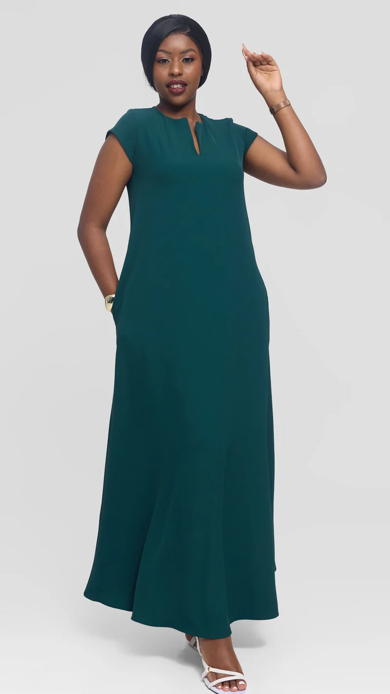 Vivo Zola V Neck Maxi Dress in Crepe - Dark Green