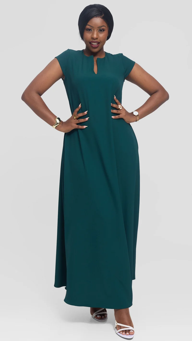 Vivo Zola V Neck Maxi Dress in Crepe - Dark Green
