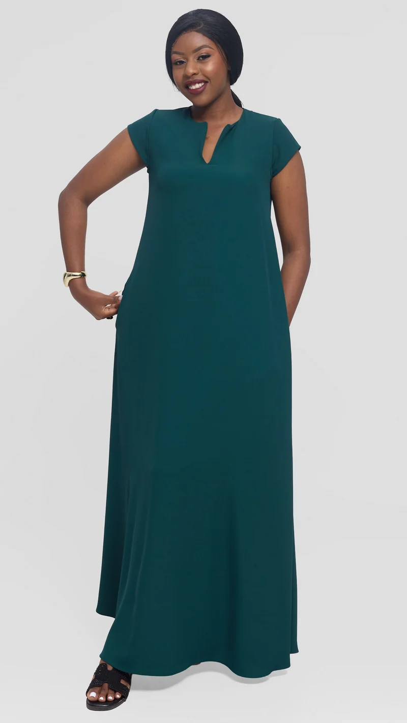 Vivo Zola V Neck Maxi Dress in Crepe - Dark Green