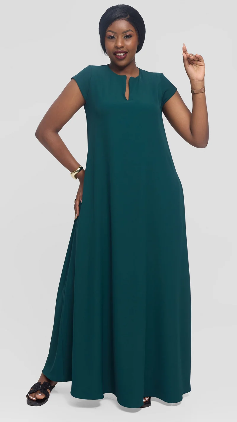 Vivo Zola V Neck Maxi Dress in Crepe - Dark Green